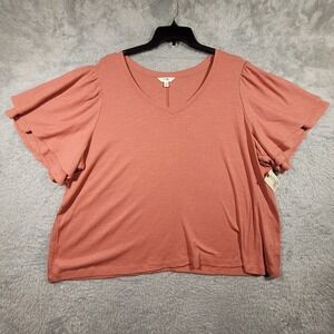 Terra & Sky Top Women 3X Pink V-Neck Ribbed Knit Ruffle Sleeve